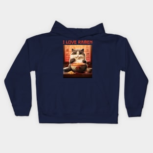 Quirky Chubby Kitty Cat Eating Ramen - I Love Ramen Kids Hoodie